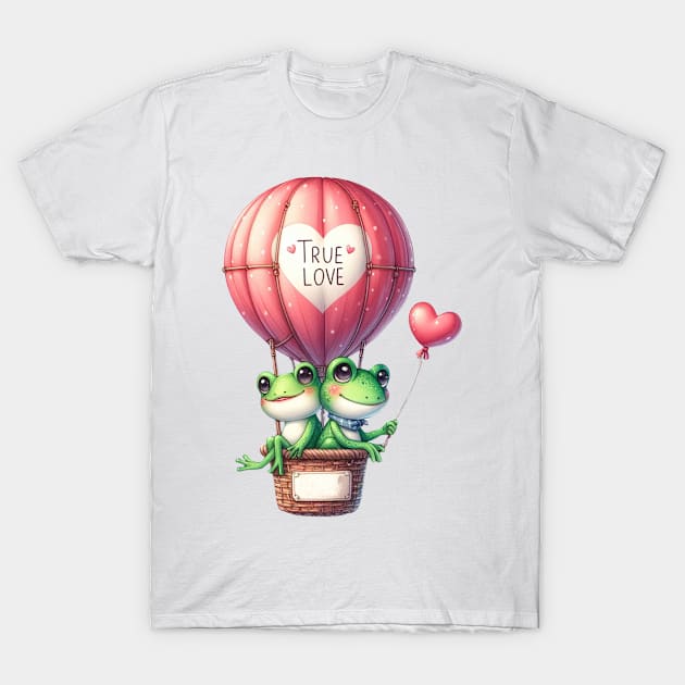 Valentine Frog Couple On Hot Air Balloon T-Shirt by Chromatic Fusion Studio